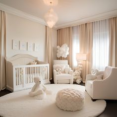 a baby's room with white furniture and curtains on the windowsills is decorated in neutral tones