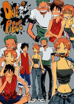 one piece characters are posing for the camera with other people in front of them,