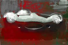 an abstract painting of a race car in red and grey colors with white lights on the front