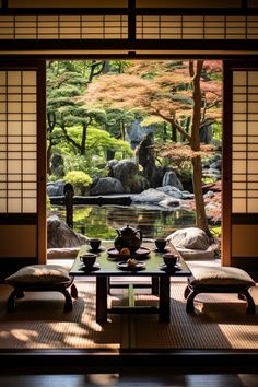 Japanese Tea Room Interior, Japanese Garden Room, Zen Garden Japan, Japanese Garden Tea House, Japanese Tea Room Design, Home Japanese Garden, Tea Room Japanese, Asian Tea Room, Tea House Interior Design