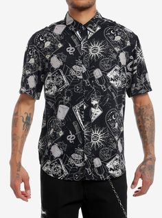 Conjure up something wicked with this woven button-up! Featuring an allover print of cauldrons  potions  occult symbols and more witchy icons.100% rayonWash cold; dry lowImportedListed in men'sunisex sizesModel is 6'1''Model wears size Medium Witchy Icons, Right Arrow Icon, Occult Symbols, Something Wicked, Window Shopping, Professional Outfits, The Conjuring, Hot Topic, Shirts Tops