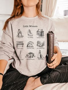 D E S I G N Our Little Women Icon shirt pays homage to our favorite sisters' most memorable misadventures! Our sweatshirts here at [For Wednesday's Child] are made on demand, especially for you! Each garment is hand printed using a direct-to-garment printer by our production partner, and shipped directly from our partners to you! *Colors may vary slightly due to screen settings* please note that white ink is not opaque, and shows with a softened, vintage feel against darker garments S I Z E Plea Dark And Light Academia Aesthetic, March Sisters, Women Icon, Amy March, Orchard House, Flower Chart, English Teacher Gifts, Light Academia Aesthetic, Little Women