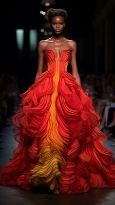 Runway Avant Garde, Colorful Gowns Couture, Unique Runway Fashion, Fashion Haute Couture, Dramatic Gowns Haute Couture, Color In Fashion, African Couture Fashion, Sunset Fashion, High Fashion Dresses Couture