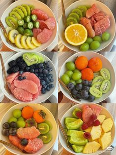 four bowls filled with different types of fruit