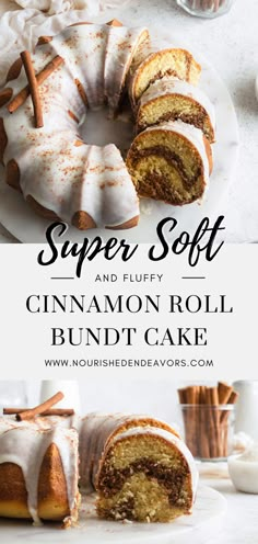 cinnamon roll bundt cake on a plate with the words super soft and fluffy