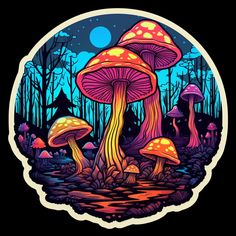 an image of mushrooms in the woods with blue and yellow colors on black background, surrounded by trees