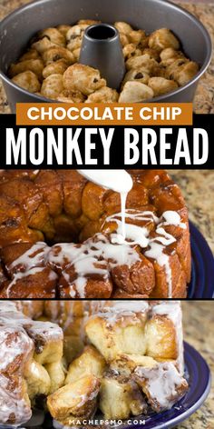 chocolate chip monkey bread with icing being drizzled over the top and bottom