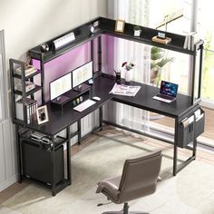 a corner desk with a chair and computer on it