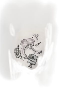 a drawing of a hand holding a mixer with flowers on it and scissors in the background