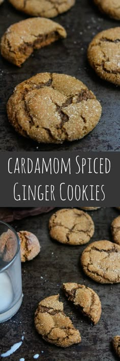 chocolate chip cookies are sitting on a baking sheet with the words, cardamom spiced ginger cookies