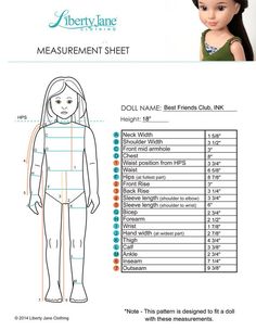 an image of a doll with measurements for it's body and head, as well as