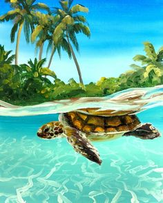 a painting of a turtle swimming in the ocean with palm trees and blue water behind it