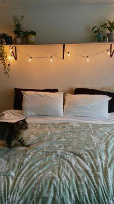 a cat laying on top of a bed under string lights