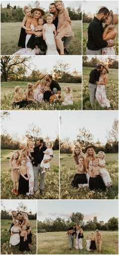 a group of people standing in a field with their arms around each other and posing for pictures