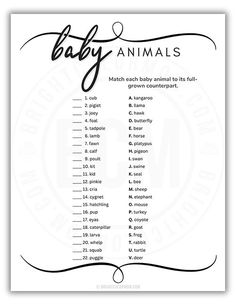 the baby animals game is shown in black and white