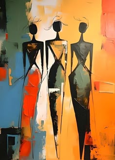 an abstract painting of two women in dresses