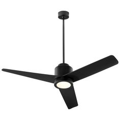 a black ceiling fan with two lights on each side and one light on the other