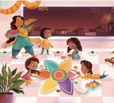 an illustration of children playing in a room with fireworks and decorations on the wall behind them