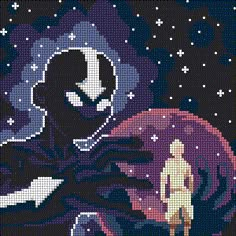 a cross stitch pattern with an image of a man and woman in space