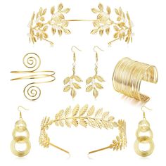 PRICES MAY VARY. ✨【Goddess Costume Accessories】: The toga costume jewelry set contains 2 pcs golden laurel leaf headband, 1 pcs coil cuff bracelet, 1 pcs gold arm cuff and 2 pairs golden dangle earrings. A nice goddess costume accessory that will make you feel like a real greek empress or princess. ✨【Greek Goddess Costume Women】: These Greek goddess accessories are designed according to bay leaves and gold. beautiful and exquisite in appearance, showing noble and elegant, it is a good choice whe Goddess Costume Accessories, Grecian Goddess Costume, Toga Costume, Toga Party, Ancient Greek Jewelry, Upper Arm Cuffs, Arm Bracelets Upper, Leaf Headpiece, Greek Goddess Costume