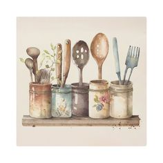 there are many spoons and ladles in the jars on the shelf with flowers