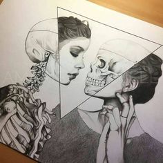 a pencil drawing of two people with their faces in the same triangle, and one is holding