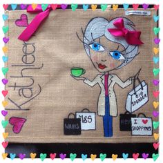 an image of a woman holding a cup and shopping bag with hearts around her neck