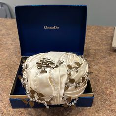 Vintage Christian Dior Silk Turban/ Pillbox Hat With Delicate Beads And Gold Leaf Detail. In Original Box. Very Good Condition. Dior Cream, Silk Turban, Dior Accessories, Vintage Christian Dior, Pillbox Hat, Pill Boxes, Accessories Vintage, Vintage Accessories, Gold Leaf