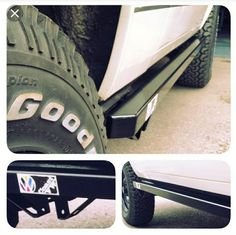 the front and rear fenders of a white truck with black lettering on it, including tire