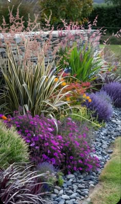 a garden filled with lots of different types of flowers and plants next to a stone wall