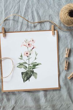 a card with flowers on it next to some twine