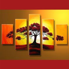 a painting on the wall of a tree with red leaves in front of an orange sky