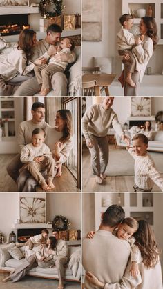 a collage of photos showing the family in their living room