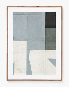 an abstract painting in grey, black and white on a wooden frame with wood trim