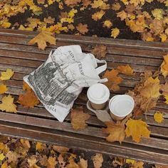 two cups of coffee sitting on top of a wooden bench covered in leaves and newspaper