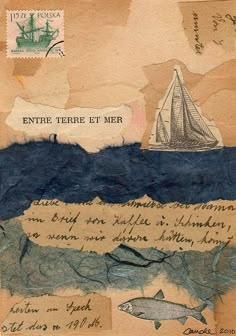 an old postcard with a boat on the water and some writing below it that says, entre fete et mer