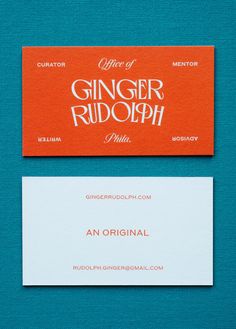 an orange and white business card with the words ginger rudolphph written in red on it