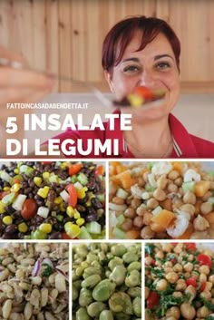 a woman is smiling while eating some food with her mouth open and the words, 5 insalate di legumii