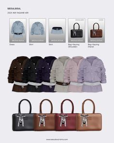 the different purses are shown in multiple colors