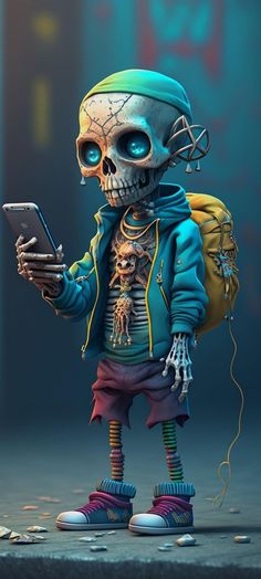 a skeleton holding a cell phone and wearing a blue jacket with a backpack on it