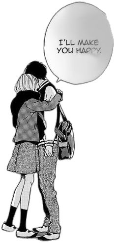 two people standing next to each other with a speech bubble above them that says i'll make you happy