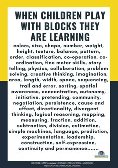 a poster with the words when children play with blocks they are learning in black and yellow