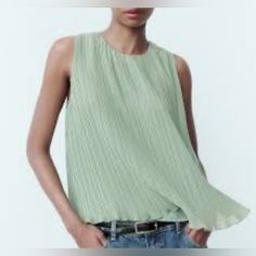 Zara Sleeveless Pleated Top In Green Green Sleeveless Vest For Spring, Chic Spring Tank Vest, Chic Cami Vest For Spring, Casual Tank Top For Spring Workwear, Chic Green Sleeveless Tank Top, Spring Tank Blouse, Green Sleeveless Top For Work, Green Vest Top For Spring, Chic Green Tank Vest