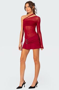 Sheer mesh allows a beguiling glimpse of skin in this one-shoulder minidress designed with an oversized buckle at the waist. One-shoulder neck Single long sleeve Partially lined 95% polyester, 5% spandex Machine wash, dry flat Imported Red Club Outfit, Oliva Wilde, Skz Concert Outfit, Red Lace Mini Dress, Easter Dresses For Women, Ariana Grande Concert, Neon Dresses, Best Summer Dresses, Mesh Mini Dress