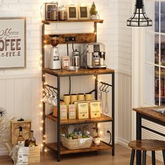 a coffee shop with lights on the wall and shelves filled with various types of items