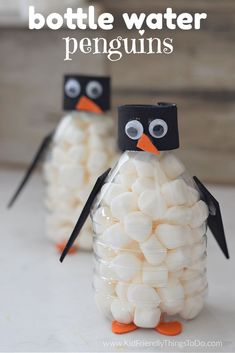 two penguins made out of marshmallows in a jar with text overlay