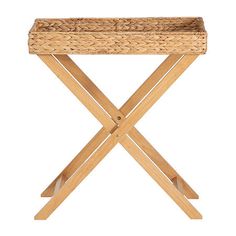 a wooden stool with a woven seat on it's legs and an ironing board attached to the back