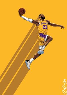 a painting of a basketball player jumping up in the air with a ball on his feet