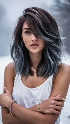 32 Dark Winter Hair Colors 2024-2025: Bold Hair Ideas for Brunettes, Black Hair, Balayage & Highlights Smokey Hair Balayage, Silver Blue Highlights On Dark Hair, Black Hair Balayage Ideas, Hair Color Ideas For Brunettes Hide Gray, Face Framing Highlights Asian, Black And Gray Balayage, Chunky Silver Highlights On Dark Hair, Gray And Dark Brown Hair, Brunette And Grey Hair