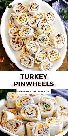 turkey pinwheels on a white plate with text overlay